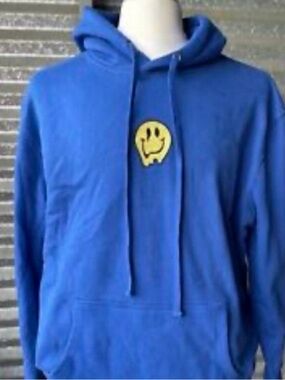 New Royal Blue Dripping Smiley Face Graphic Hoodie - Size Small